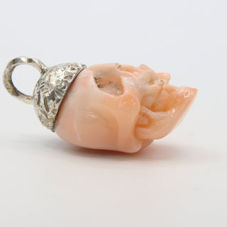 Teschio in Corallo Rosa Naturale | Argento 925 Rodiato | Intagliato a Mano