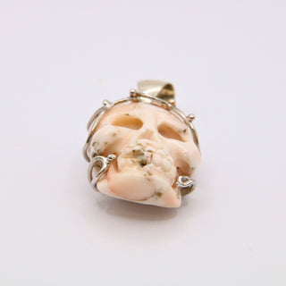 Teschio in Corallo Rosa Chiaro Naturale | Argento 925 Rodiato