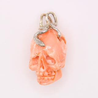 Teschio in Corallo Rosa Naturale Intagliato a Mano con Argento Sterling 925